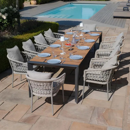 Maze - Jakarta Teak Extending 6 - 10 Seat Rectangular Dining Table
with 10 Monaco Cool Linen Rope Weave Dining Chairs - Blythe Living