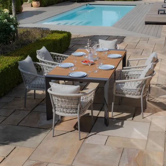 Maze - Jakarta Teak Extending 6 - 10 Seat Rectangular Dining Table
with 10 Monaco Cool Linen Rope Weave Dining Chairs - Blythe Living