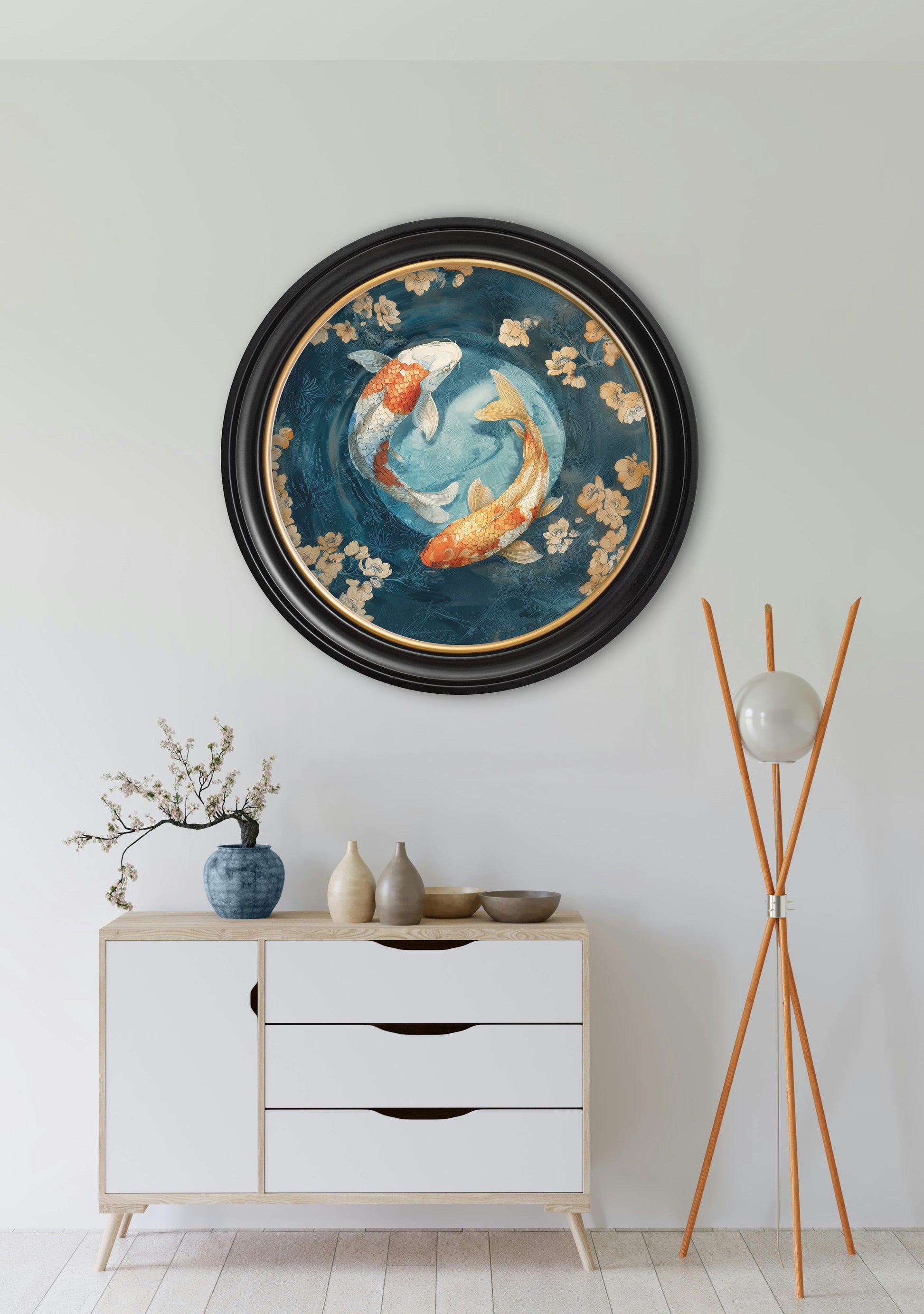 Japanese Koi Carps Dawn - Oxford Round Frame - Blythe Living