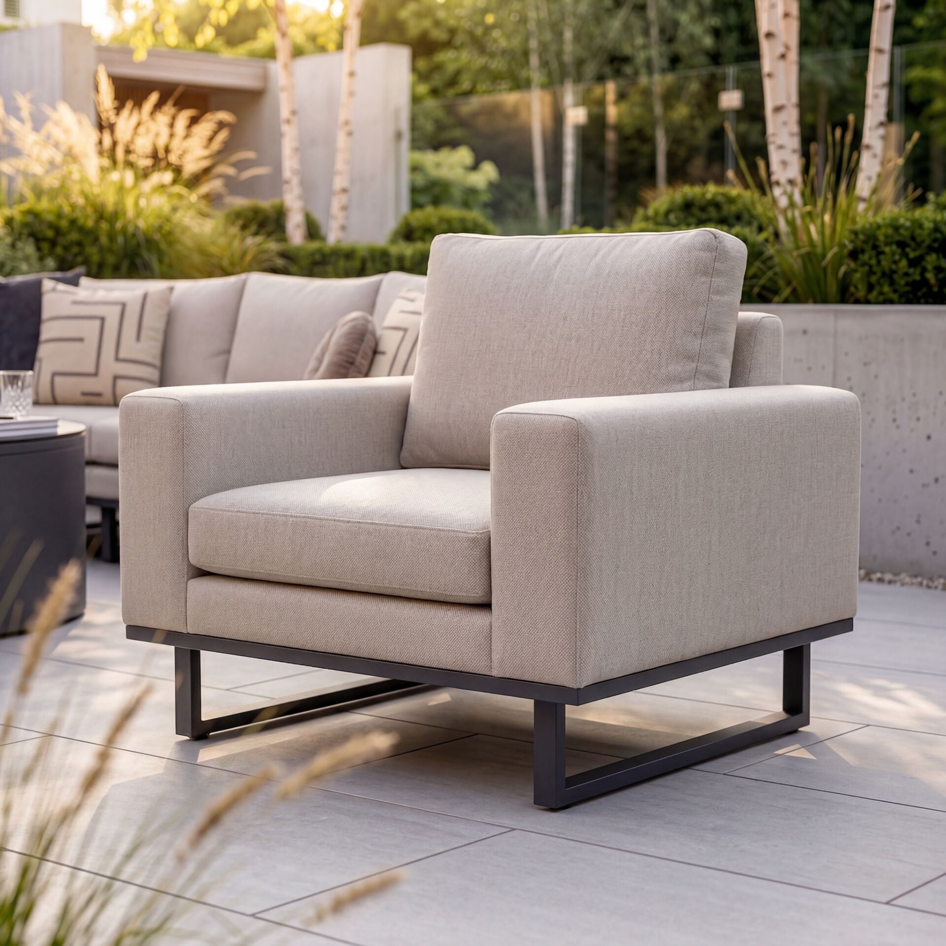 Luxury outdoor fabric corner sofa and matching armchair for sale free UK delivery