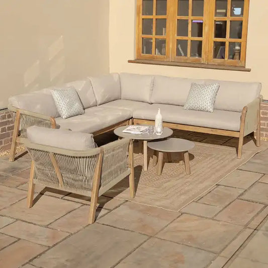 Maze - Martinique Rope Weave Corner Sofa Set
with Lounge Armchair & 2 Round Coffee Tables - Blythe Living