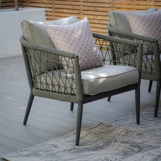 Maze - Monaco Rope Weave Large Corner
with Pair of Round Coffee Tables & Armchair - Ivy Green - Blythe Living