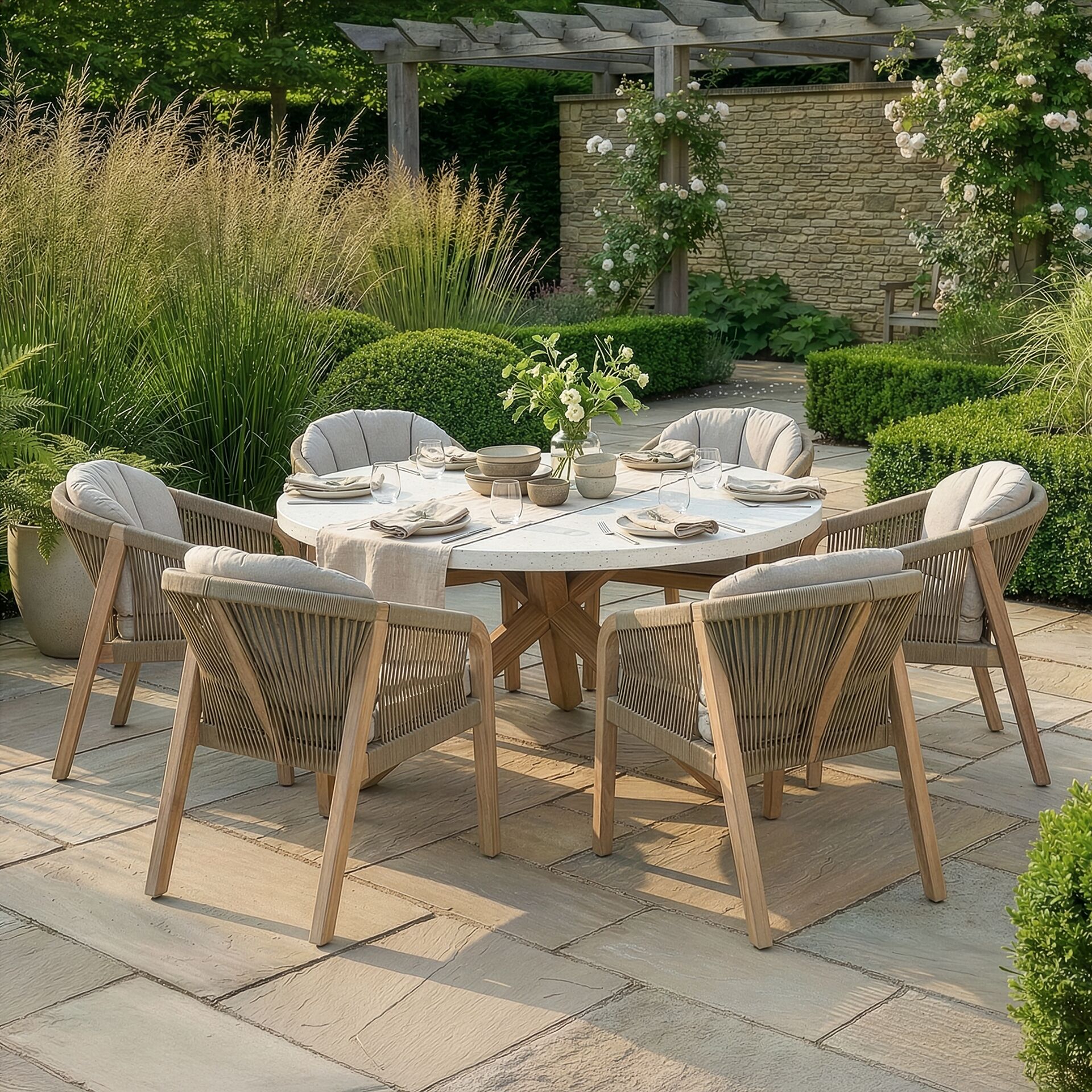 Maze - Antigua Rope Weave 6 Seat Round Dining Set - Terrazzo