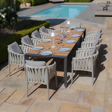 Maze - Jakarta Teak Extending 6 - 10 Seat Rectangular Dining Tablewith 10 Milan Cool Linen Rope Weave Dining Chairs