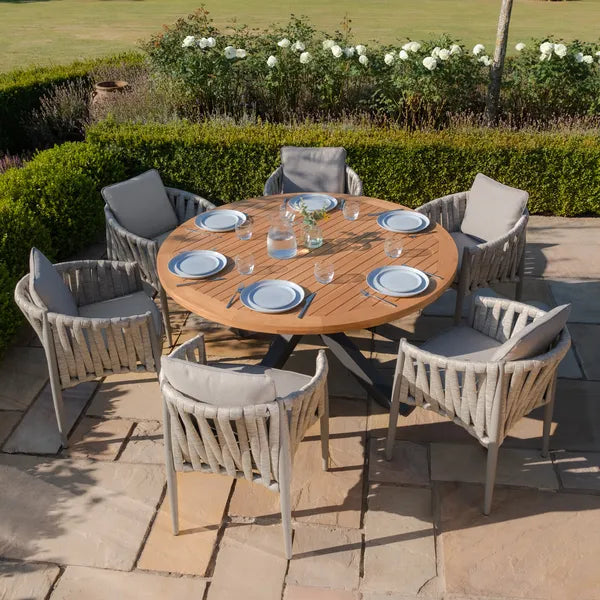 Maze - Jakarta Teak Round Dining Tablewith 6 Milan Cool Linen Rope Weave Dining Chairs