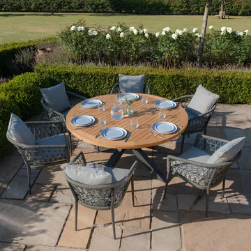 Maze - Jakarta Teak Round Dining Tablewith 6 Monaco Ivy Green Rope Weave Dining Chairs