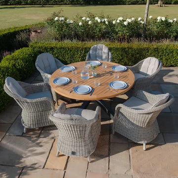 Maze - Jakarta Teak Round Dining Tablewith 6 Oxford Hertiage Rattan Dining Chairs