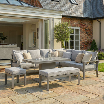 Maze - Montreal Aluminium Large Garden Corner Dining Set with Rectangular Rising Table, Footstool & Bench - Cool Linen