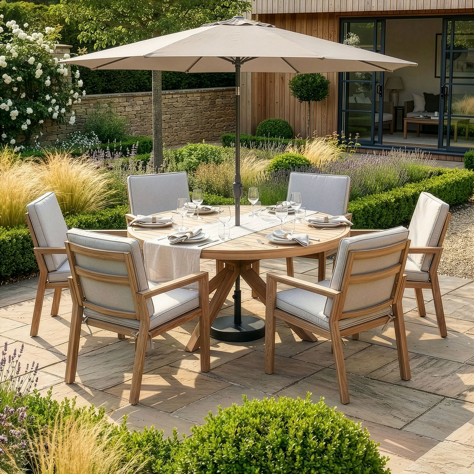 Maze - New York 6 Seat Round Aluminium Dining Set - Wood Effect