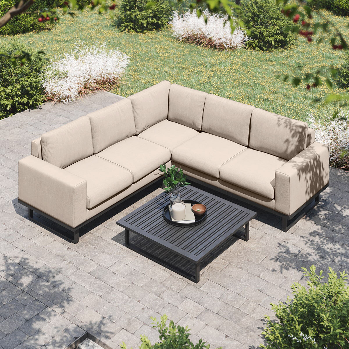 Maze - Outdoor Fabric Ethos Corner Group - Oatmeal With Square Coffee Table