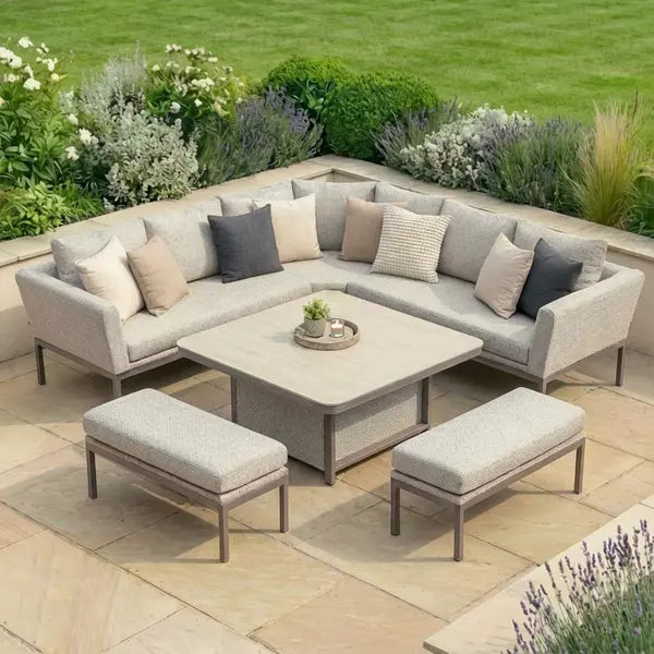 Maze - Outdoor Fabric Pulse Deluxe Square Corner Dining Set
with Rising Table - Latte - Blythe Living