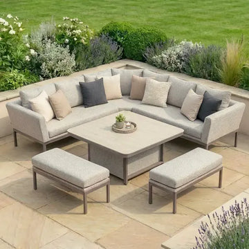 Maze - Outdoor Fabric Pulse Deluxe Square Corner Dining Set
with Rising Table - Latte - Blythe Living
