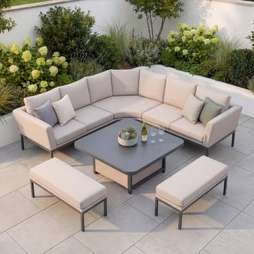 Maze - Outdoor Fabric Pulse Deluxe Square Corner Dining Set
with Rising Table - Oatmeal - Blythe Living