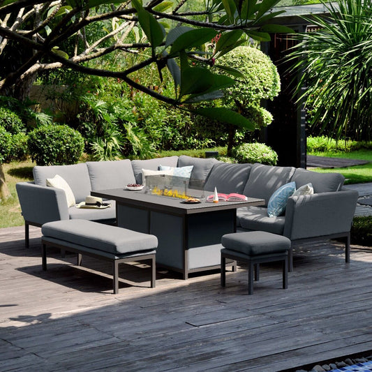 Maze - Outdoor Fabric Pulse Rectangular Corner Dining Set with Fire Pit Table - Flanelle