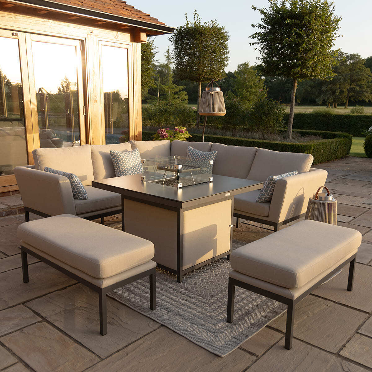 Maze - Outdoor Fabric Pulse Square Corner Dining Set with Fire Pit Table - Oatmeal