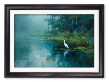 Misty Lake Great Egret - Black Hurstwood Frame
