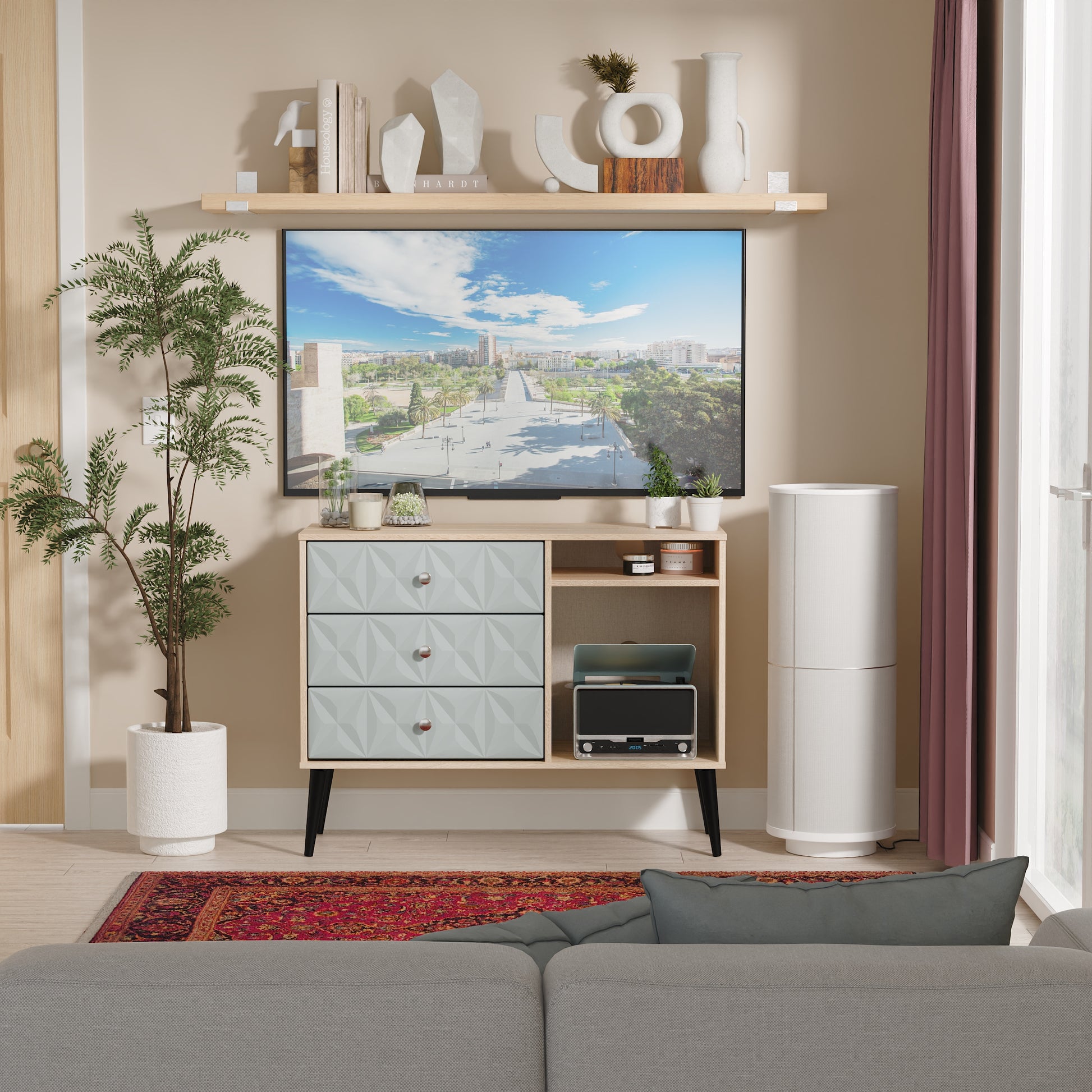 Online Pixel 3 Drawer TV Unit in Duck & Bardolino Oak