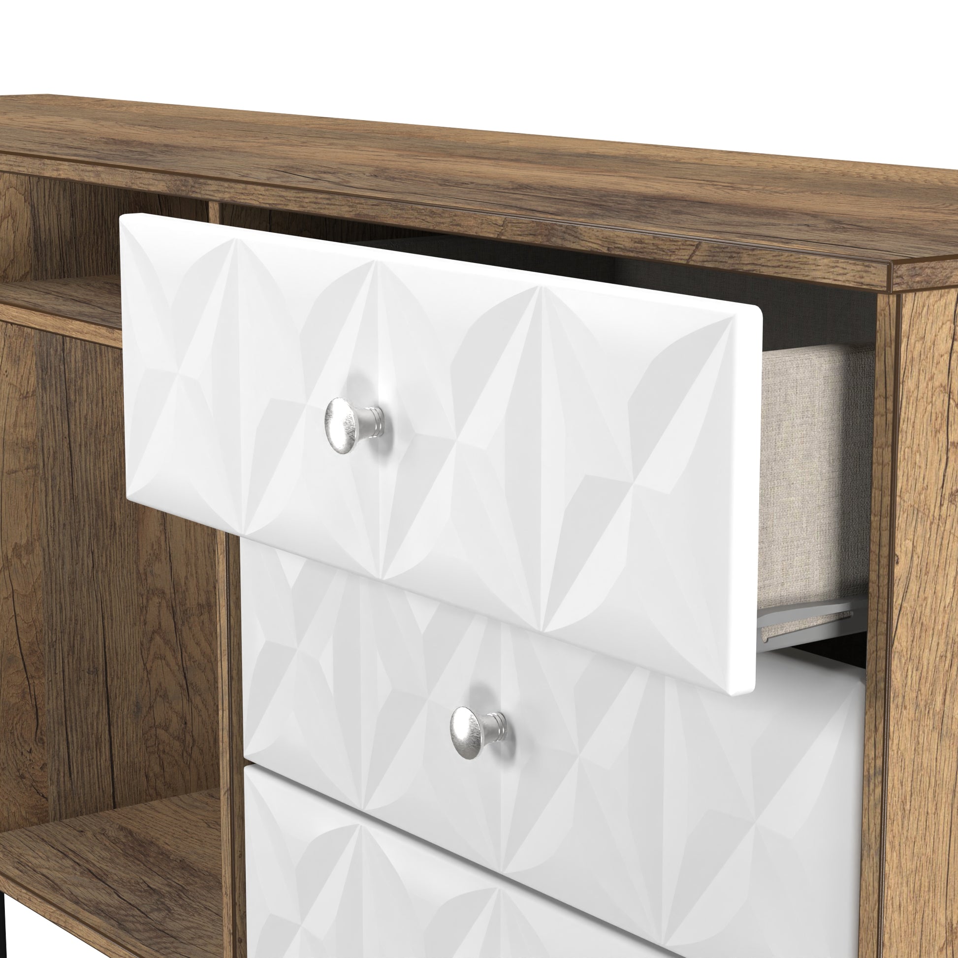 Online Pixel 6 Drawer TV Console Unit in White Matt and Vintage Oak