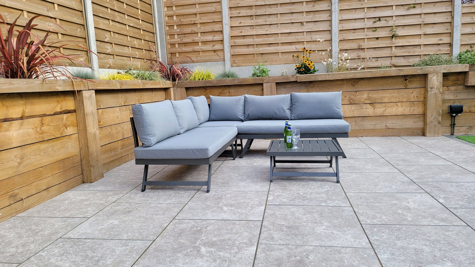 Order Kimmie Outdoor Corner Sofa with Reclining Lounger Function - Fast Delivery