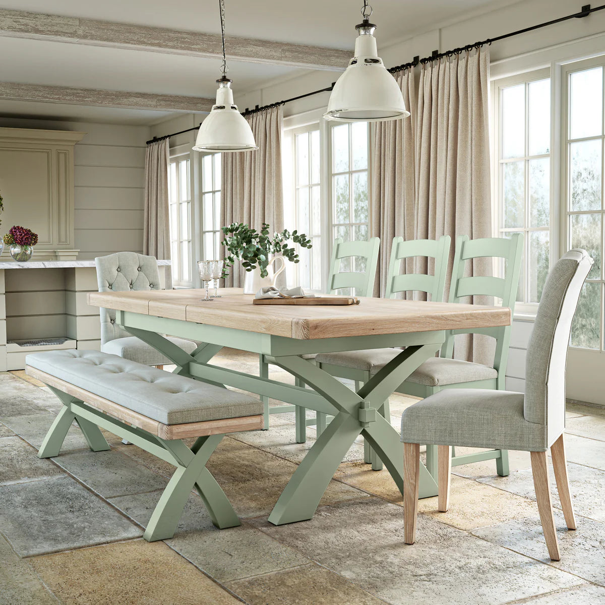 Order Salcombe Sage Cross Leg Bench beige cushion oak pine British furniture UK
