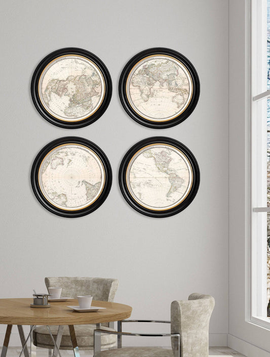 Order c.1838 World Map Hemispheres in Round Frames Set of 4 