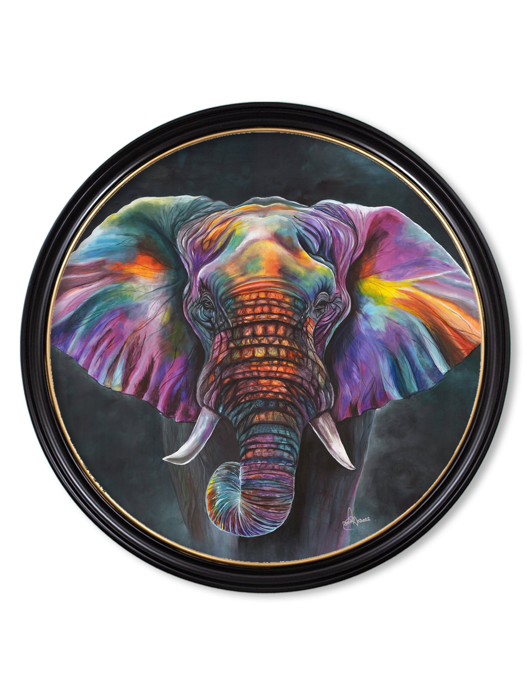 Order colourful elephant portrait Oxford round frame 70cm UK
