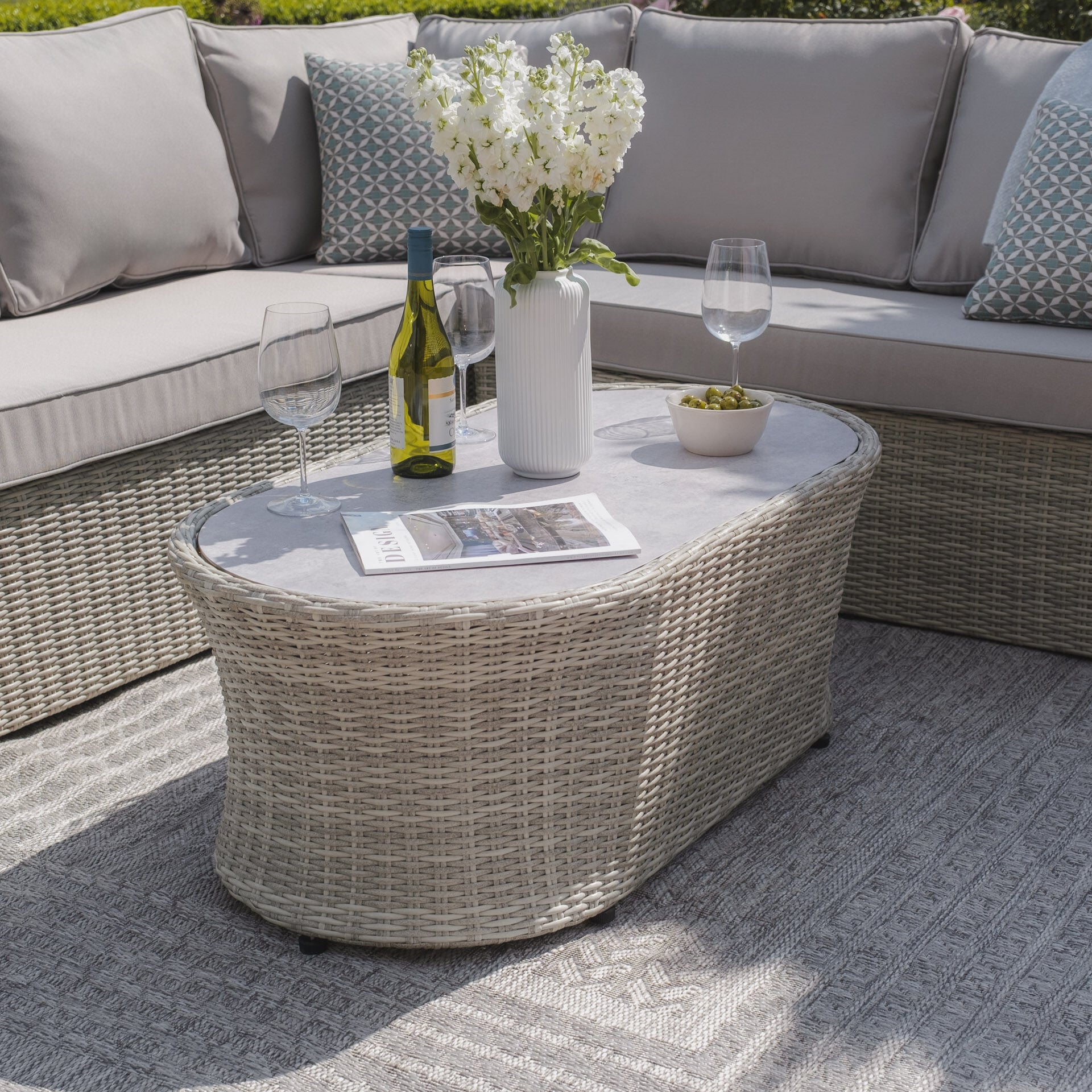 Order compact grey garden sofa set with ceramic glass coffee table