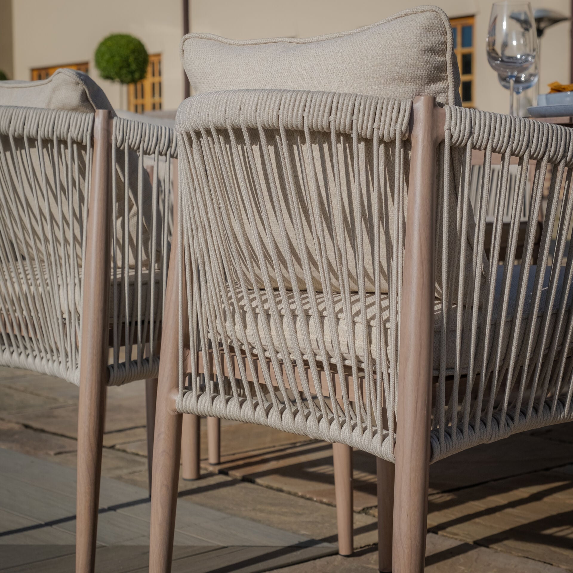 Order multi functional large rectangular garden table with modern rope weave chairs