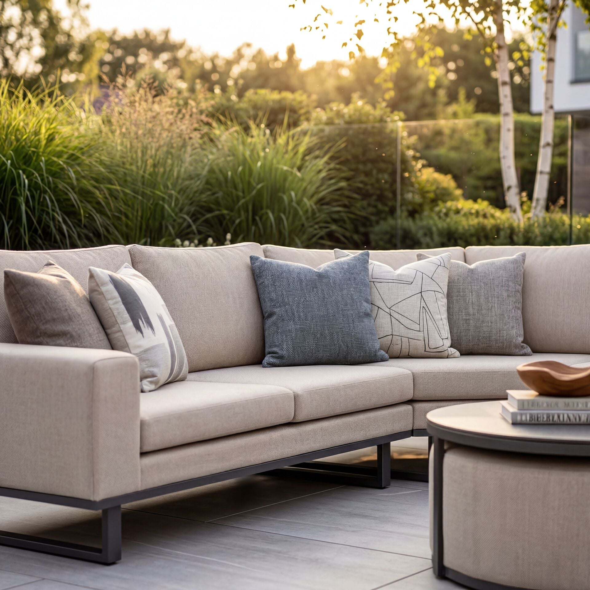 Order round outdoor coffee table with ceramic glass top and matching stools