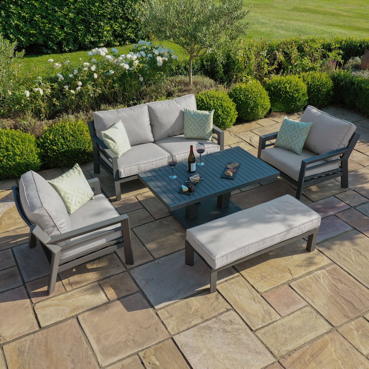 Order two seat aluminium garden sofa set with rising table