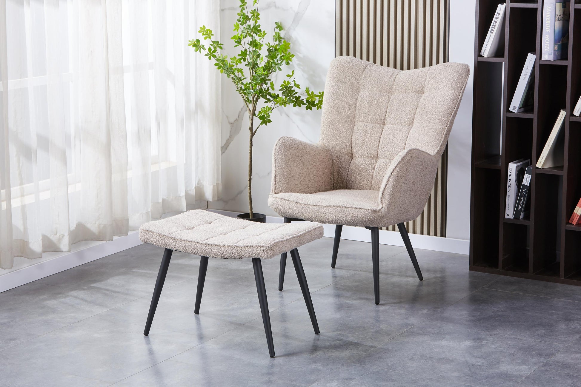 Paris Boucle Light Brown Armchair & Footstool On Discount