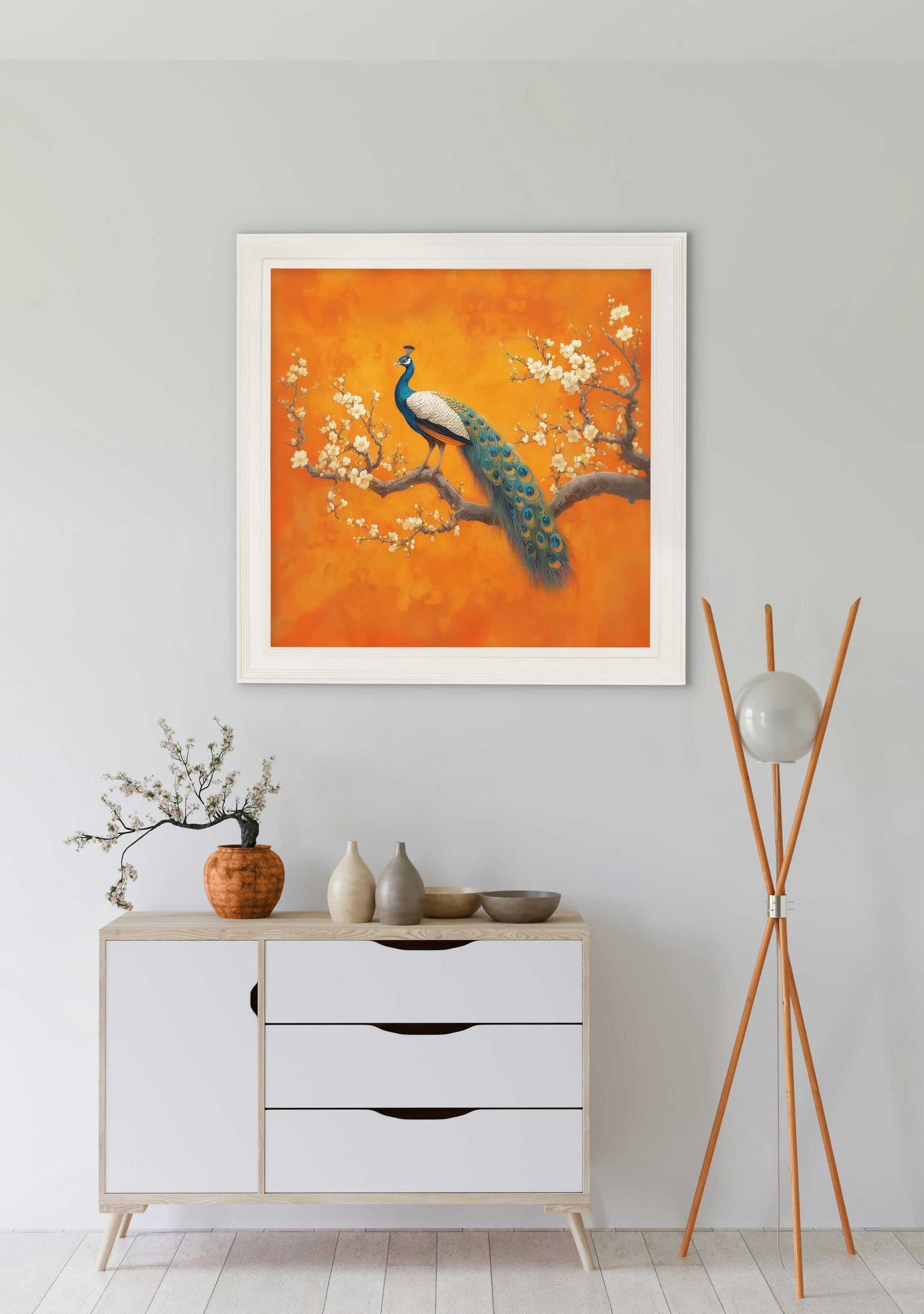 Peacocks In Saffron Garden - Cream Hurstwood Square Frame - Blythe Living