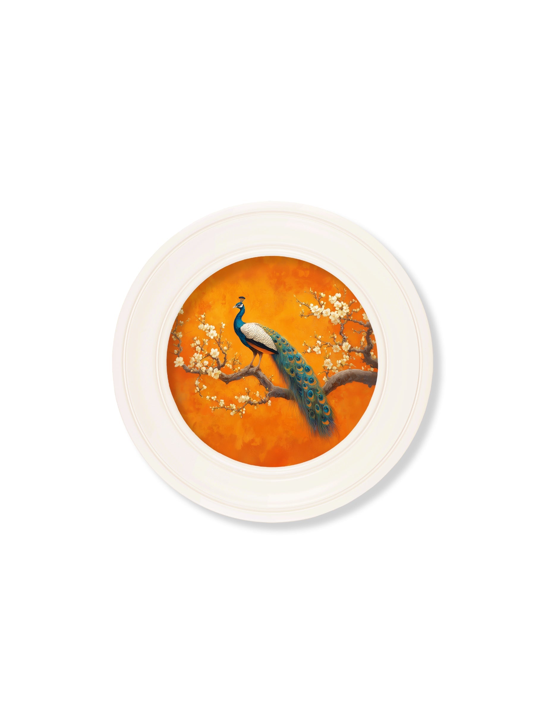 Peacocks In Saffron Garden - Oxford Strong White Round Frame - Blythe Living
