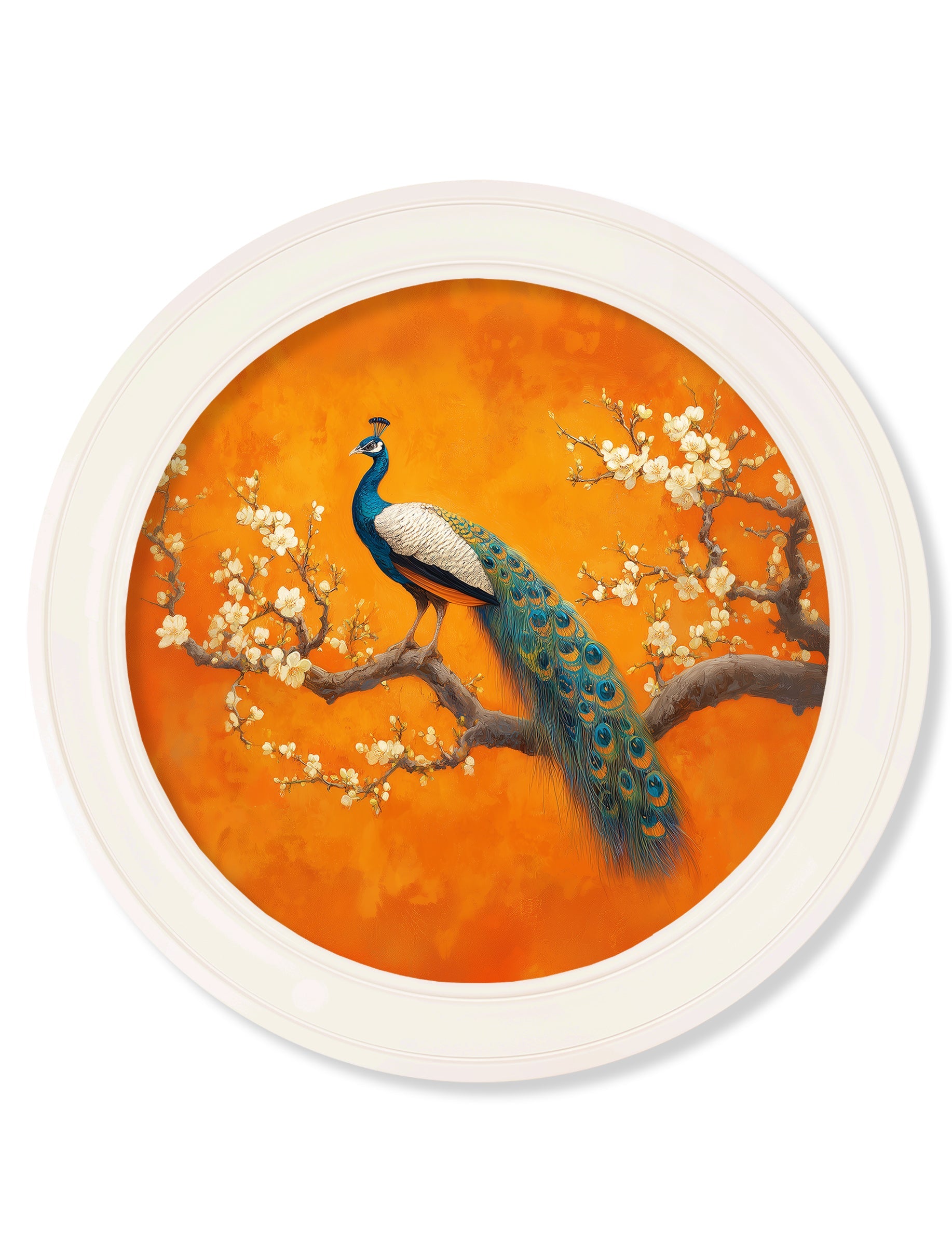 Peacocks In Saffron Garden - Oxford Strong White Round Frame - Blythe Living