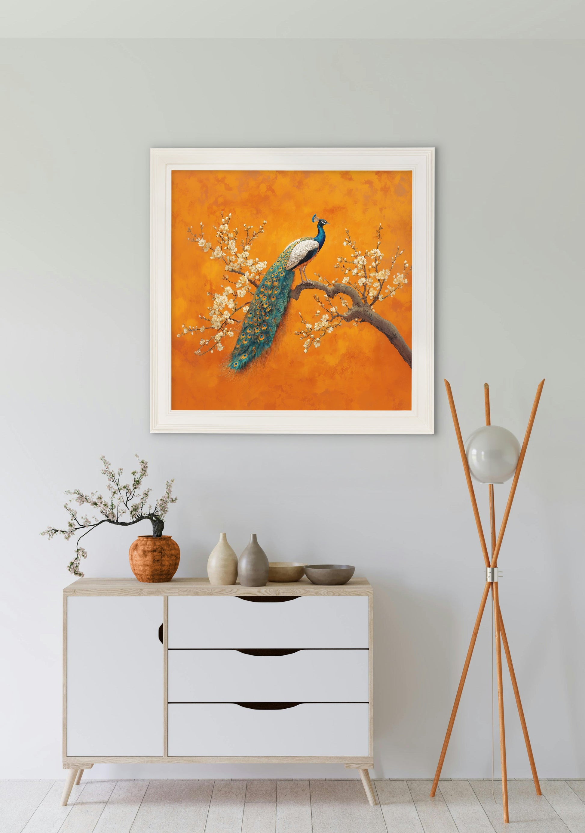 Peacocks In Saffron Garden - Cream Hurstwood Square Frame - Blythe Living