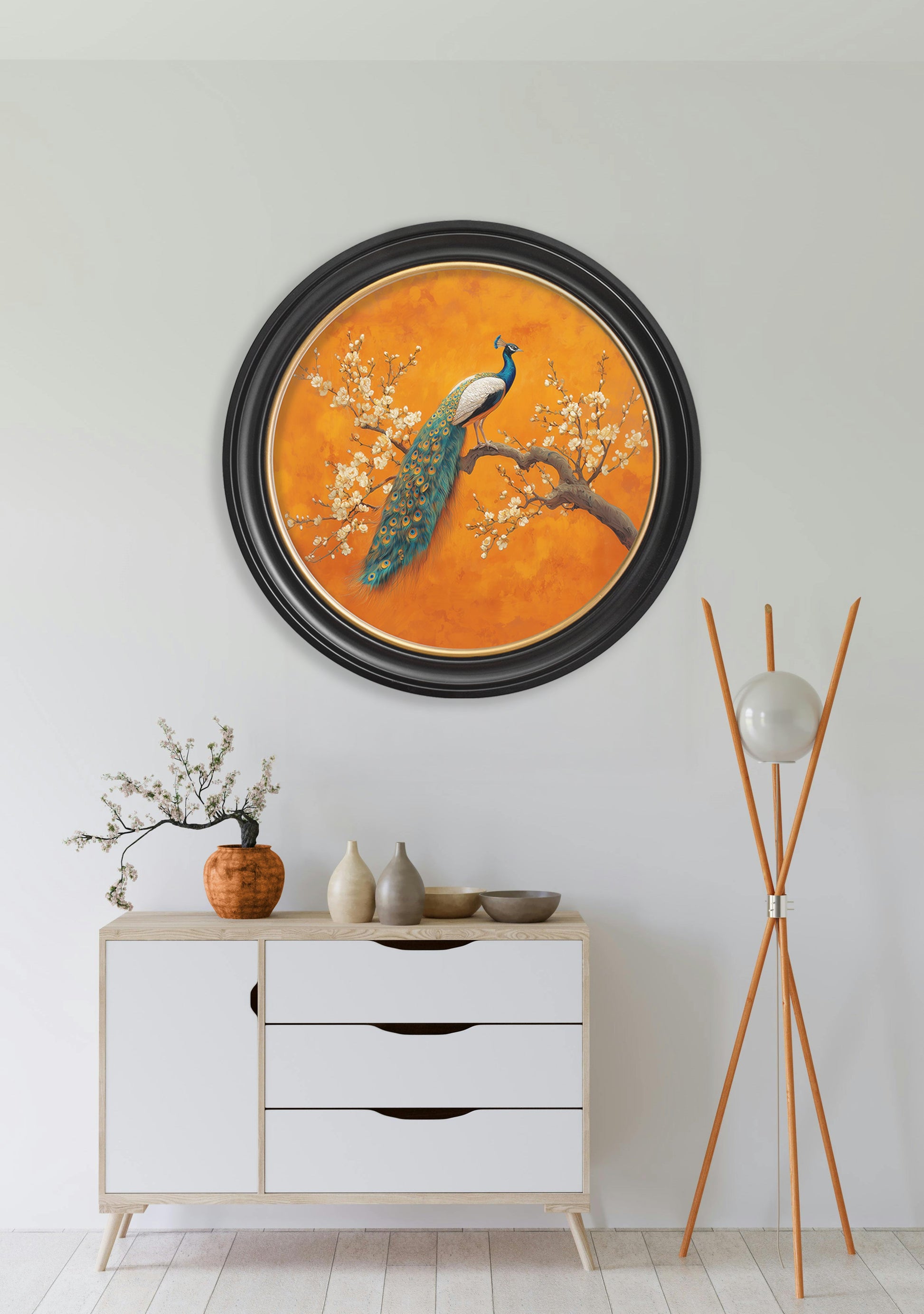Peacocks In Saffron Garden - Oxford Round Frame - Blythe Living