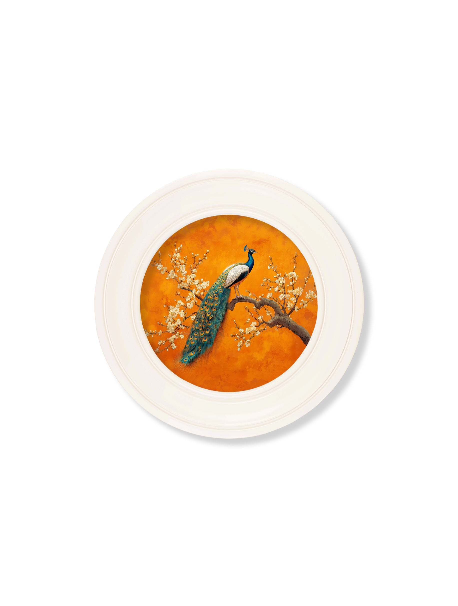 Peacocks In Saffron Garden - Oxford Strong White Round Frame - Blythe Living