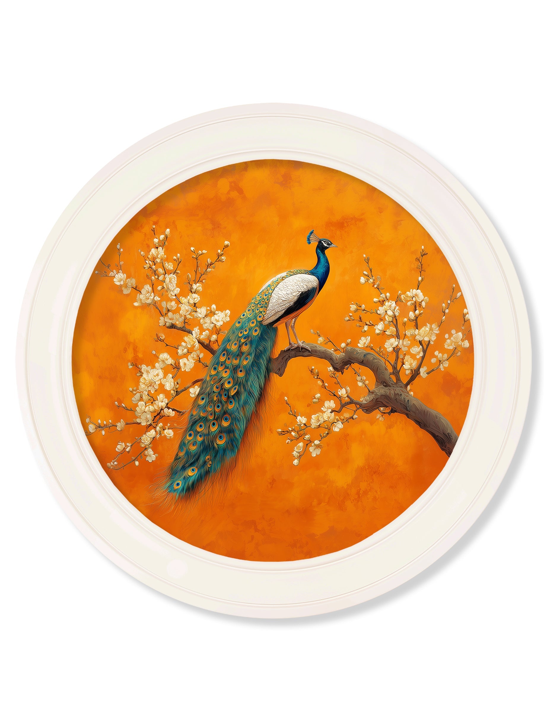 Peacocks In Saffron Garden - Oxford Strong White Round Frame - Blythe Living