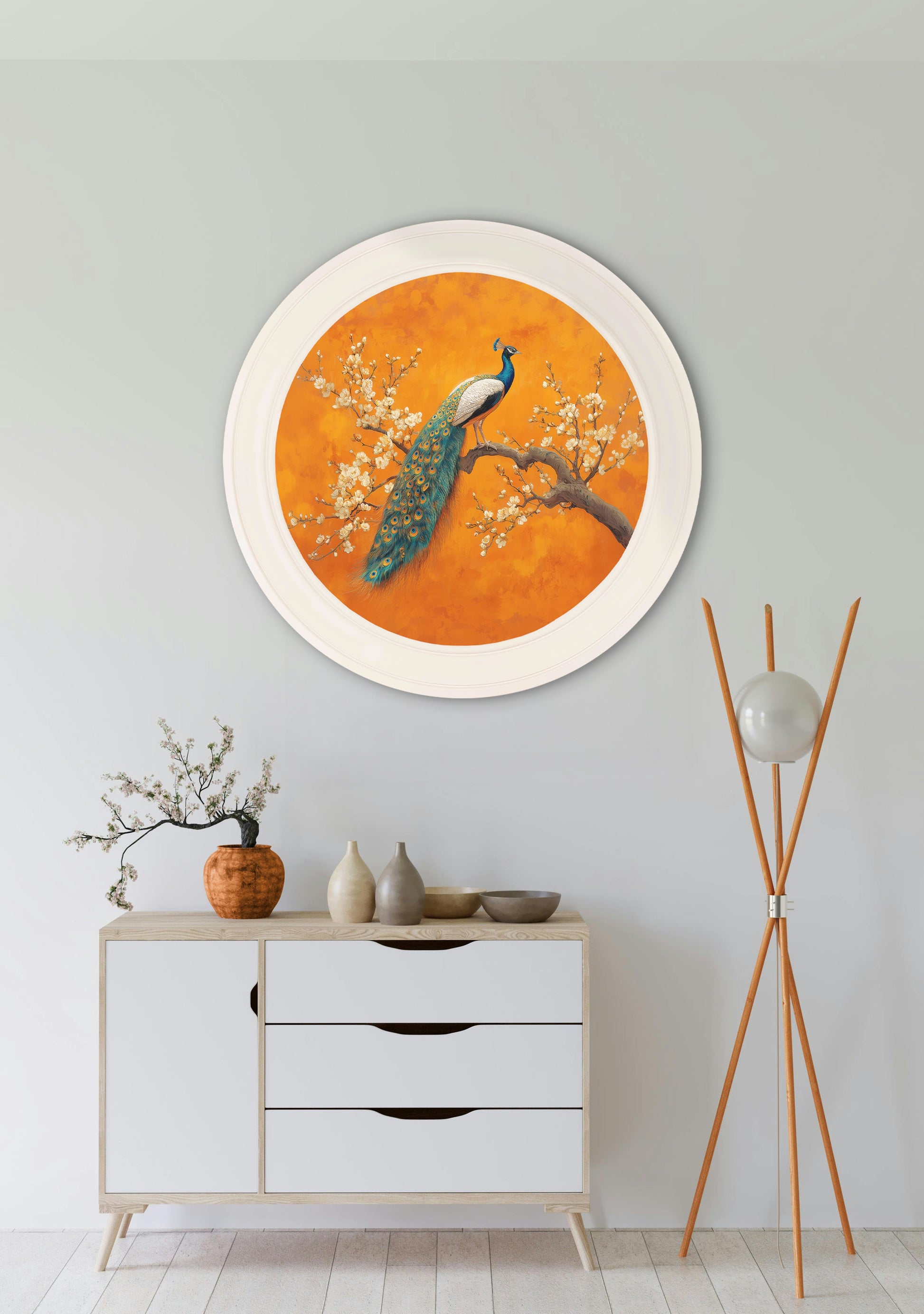 Peacocks In Saffron Garden - Oxford Strong White Round Frame - Blythe Living
