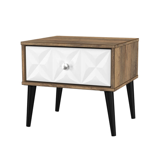 Pixel 1 Drawer Bedside Cabinet with Legs in White Matt and Vintage Oak