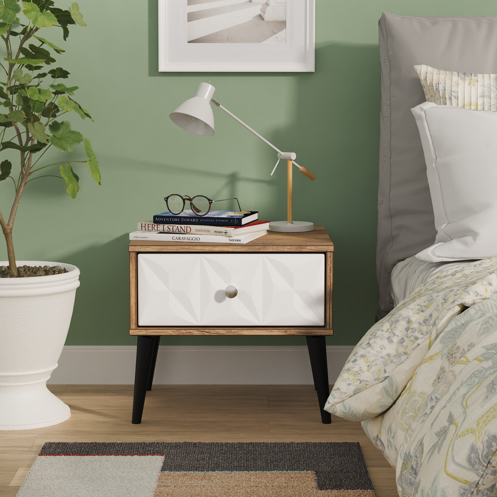 Pixel 1 Drawer Bedside Cabinet with Legs in White Matt and Vintage Oak Colour