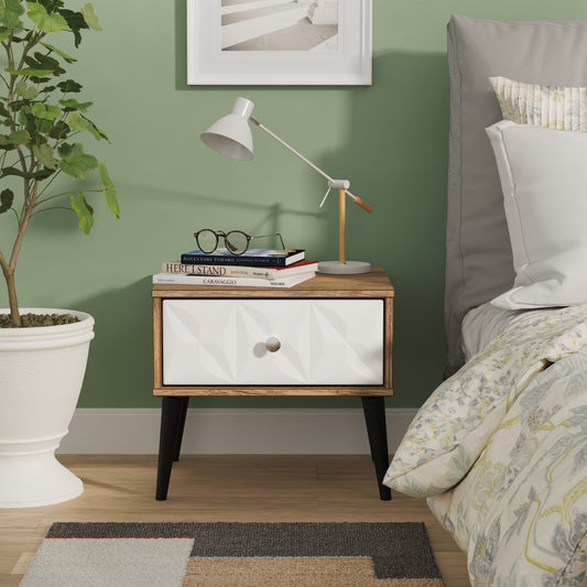 Pixel 1 Drawer Bedside Cabinet with Legs in White Matt and Vintage Oak Colour