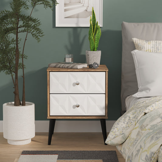 Pixel 2 Drawer Bedside Cabinet in White Matt and Vintage Oak Colour
