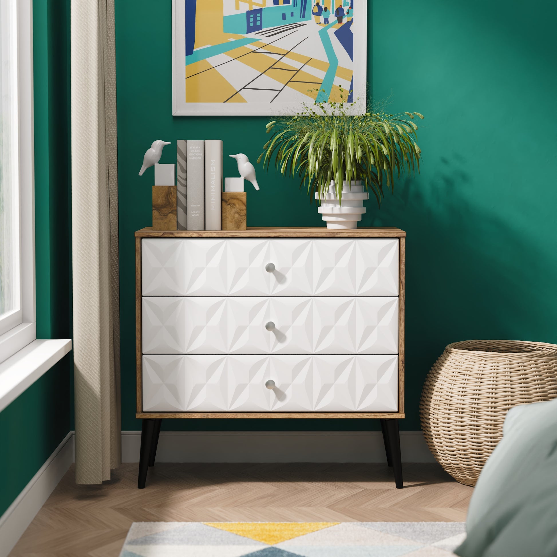 Pixel 3 Drawer Chest in White Matt and Vintage Oak Colour