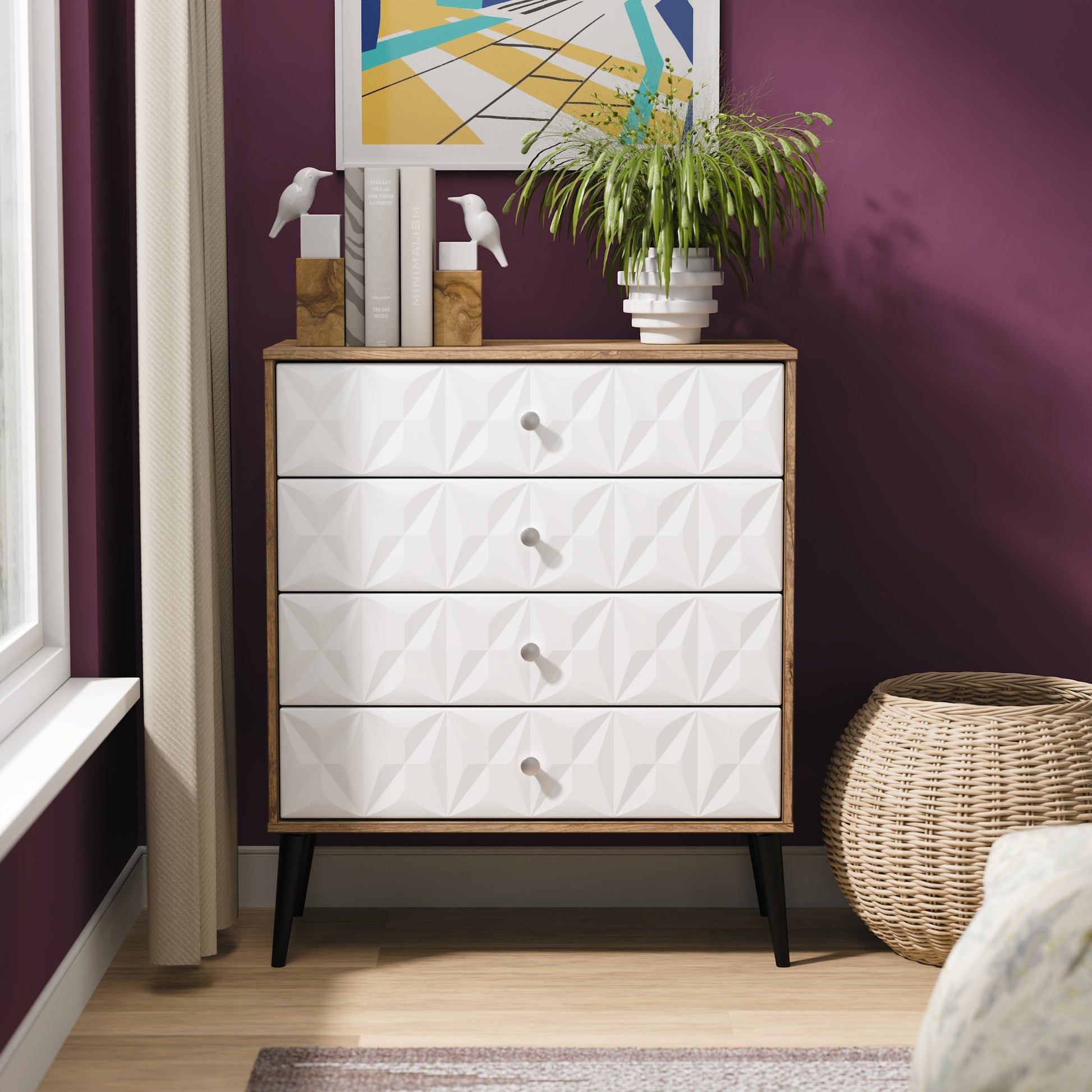 Pixel 4 Drawer Chest in White Matt and Vintage Oak 