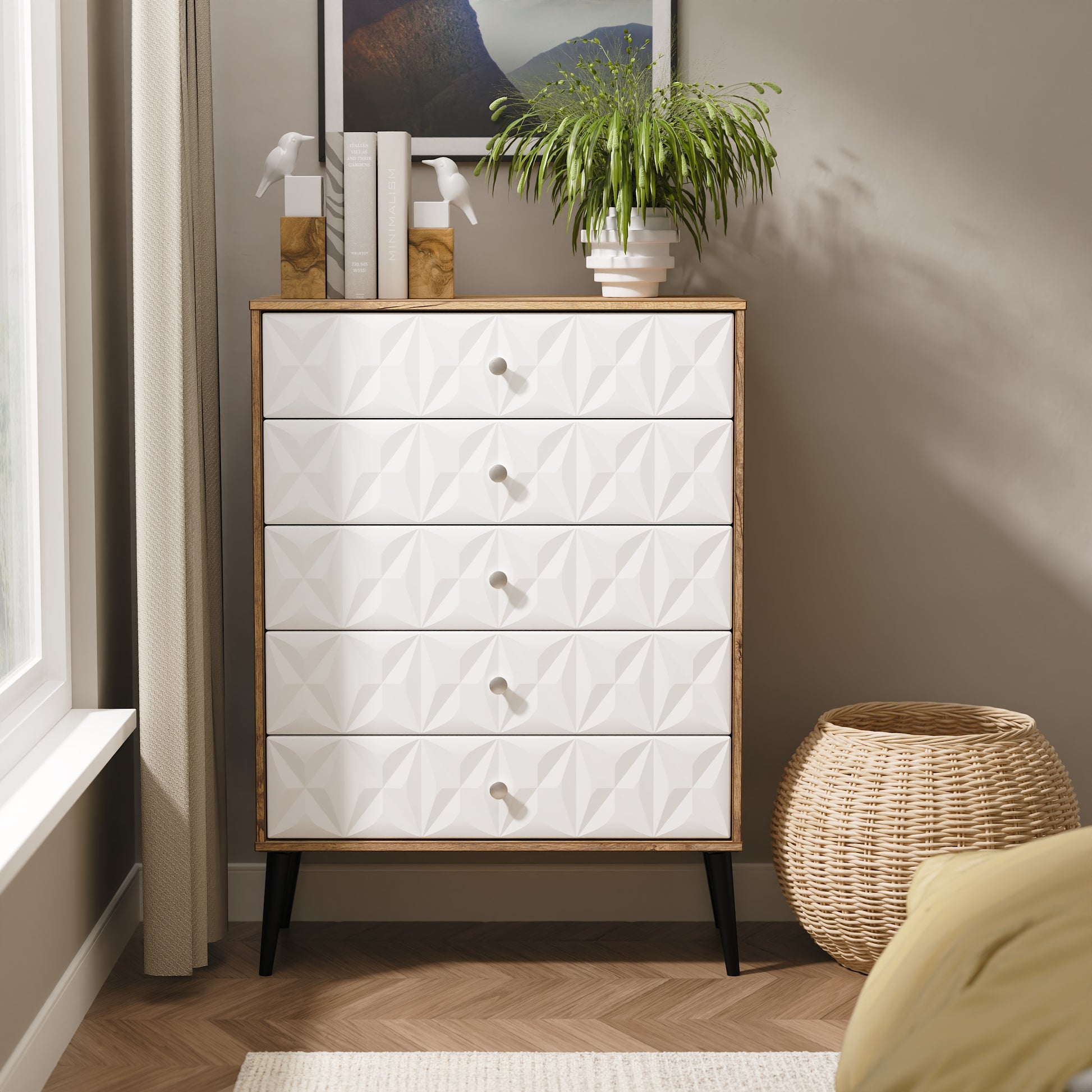 Pixel 5 Drawer Chest in White Matt and Vintage Oak Colour