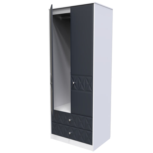 Pixel Tall 2 Drawer Wardrobe in Indigo Blue and White Matt 