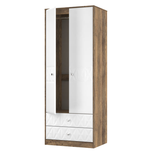 Pixel Tall 2 Drawer Wardrobe in White Matt and Vintage Oak 