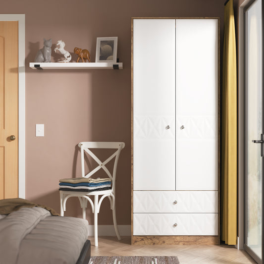 Pixel Tall 2 Drawer Wardrobe in White Matt and Vintage Oak Colour