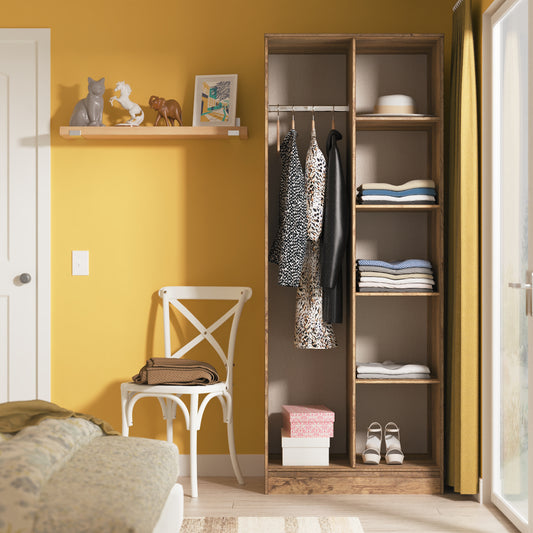 Pixel Tall Open Display Wardrobe with Bookcase in White Matt and Vintage Oak Colour
